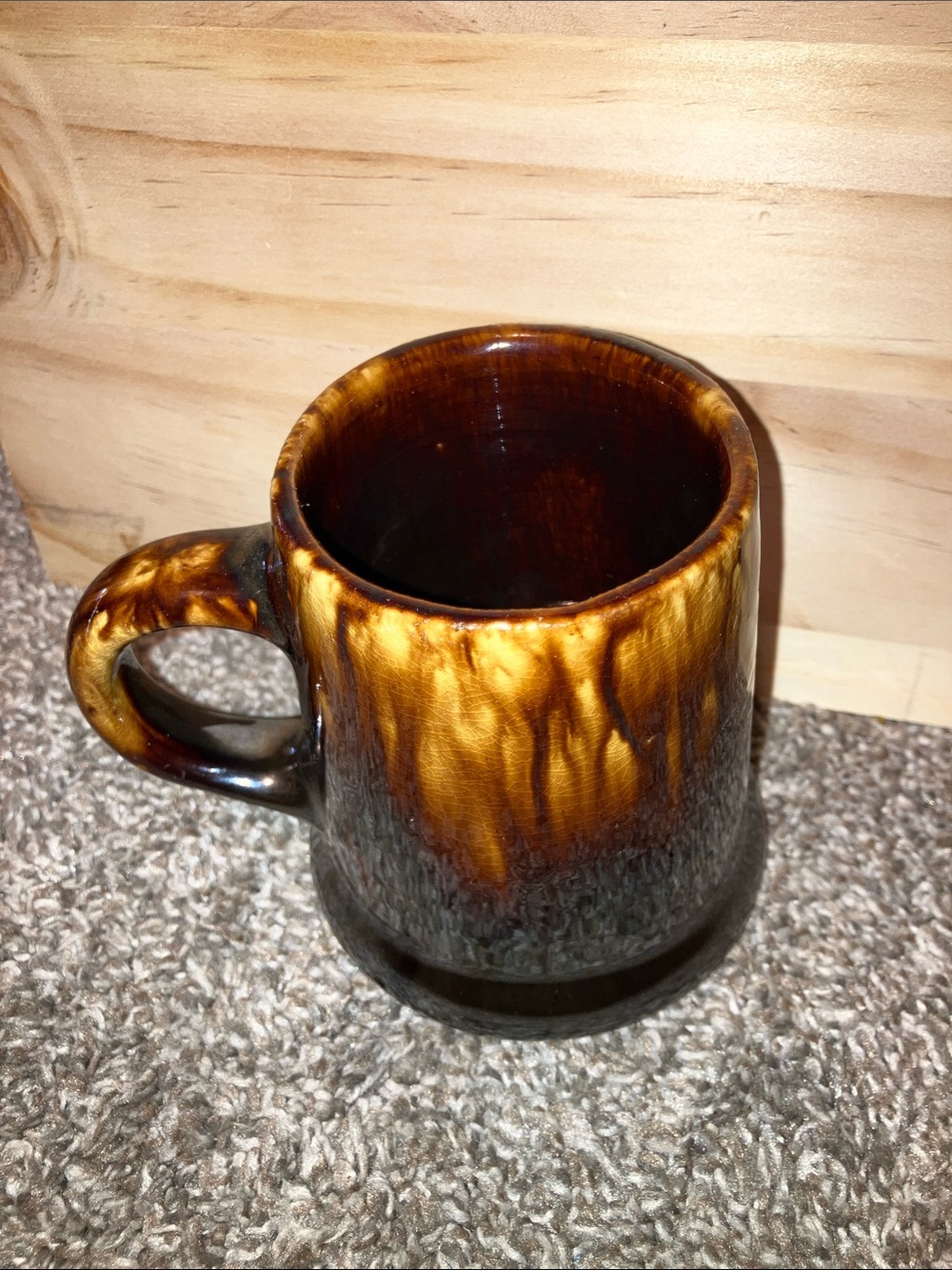 Hand Crafted Brown and Amber Drip-Glaze Stoneware Pottery Mug Vintage